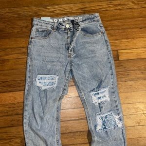 SONG Jeans Womens 7/28 Boho Paisley Blue Denim Distressed Button fly NWT